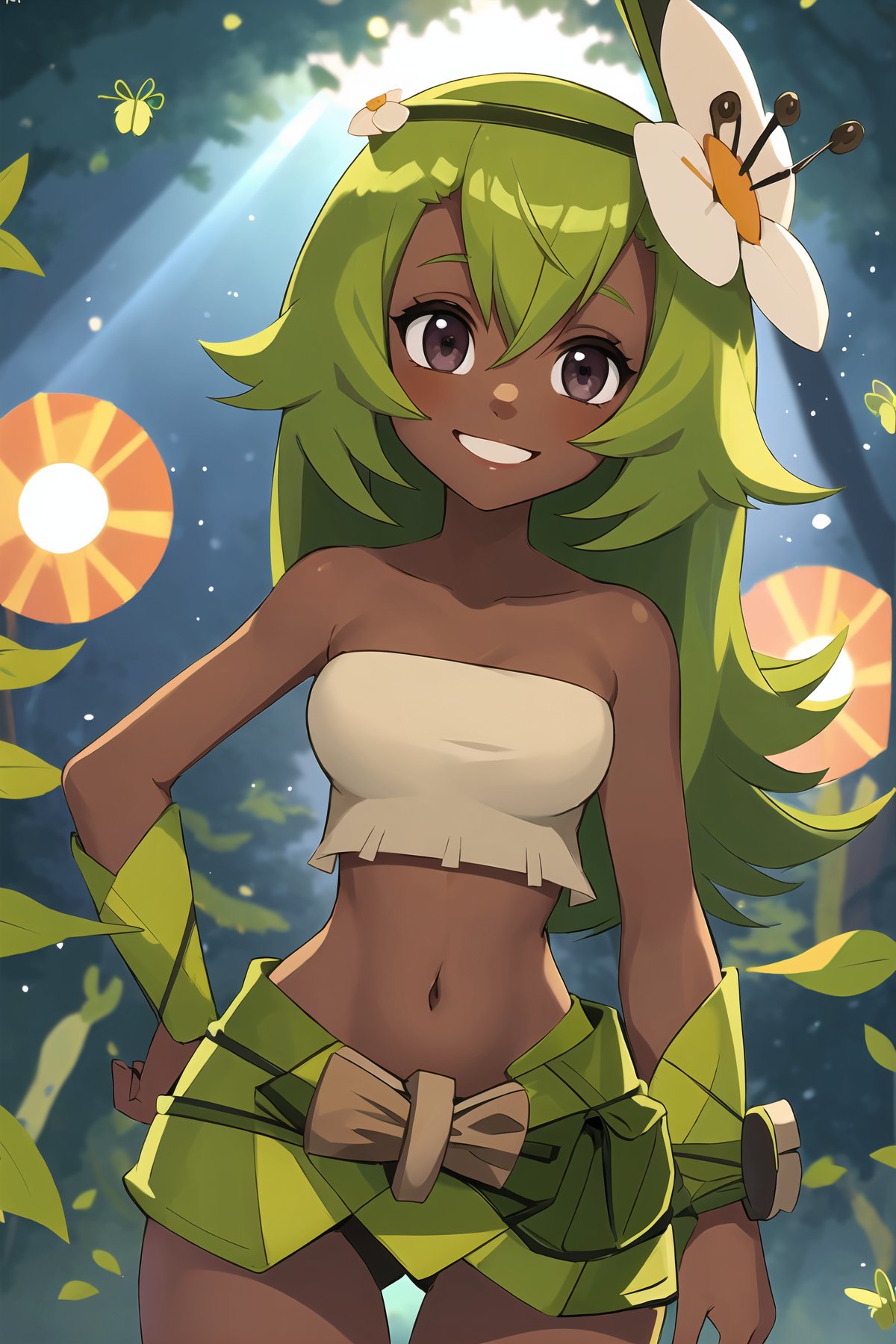 4M4L14, 1girl, masterpiece, hires, extremely detailed, (realistic:0.5), (colorfull), (HD), (wallpaper), (4k), green hair, midriff, flower, dark-skinned female, dark skin, skirt, long hair, hair ornament, brown eyes, hair flower, navel, bare shoulders, smile, belt, tube top,  (beautifull background:1.2), (glowing forest:1.2), (sun beam:1.2), (flying bugs:1.2), <lora:AmaliaWakfu:1>