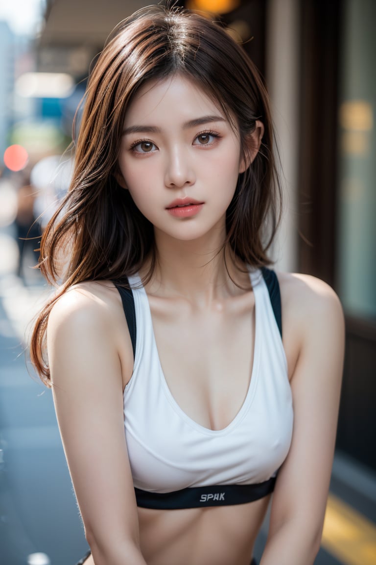 best quality,1girl,portrait photography,Asian female,18 yo,bright brown hair,slim body,
sport bra, hong kong street, 
 ultrasharp, 8k, 