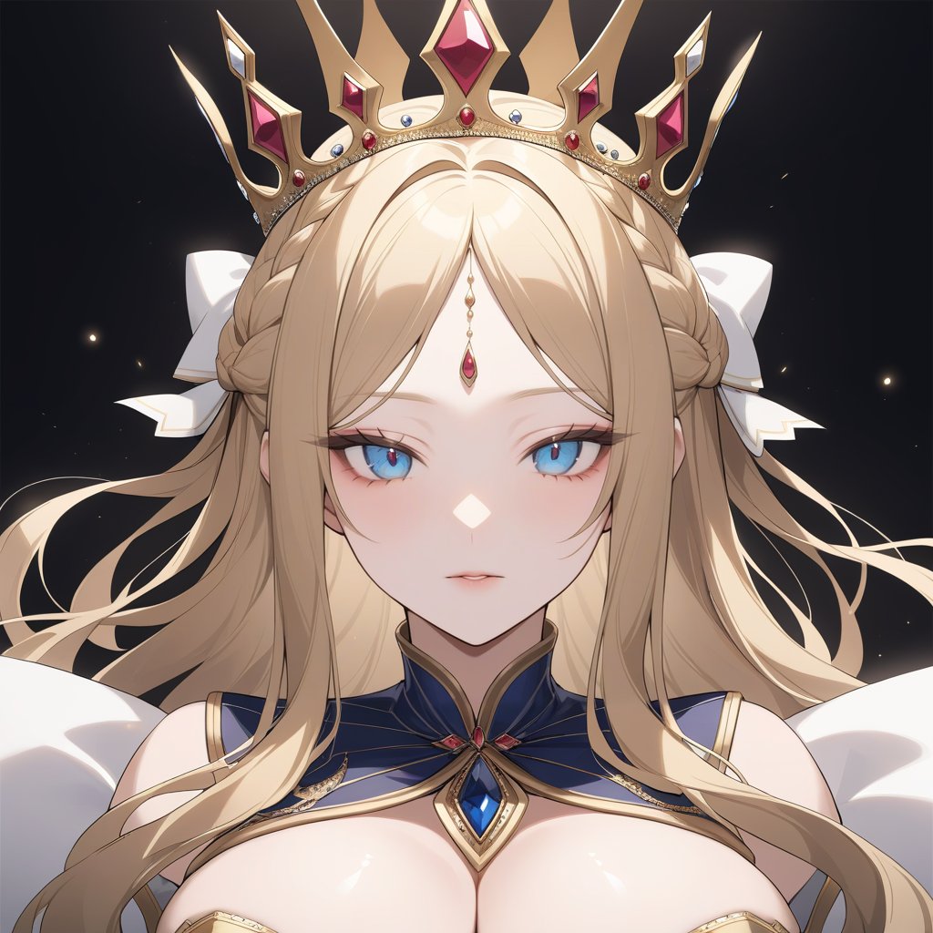 1gril\(41-year-old woman with deep golden hair, braided into a crown, ample bosom, profound facial features, deep blue eyes,long eyelashes,eyeshadow,tsurime,intricately detailed hair,crown braid\),
Wearing a luxurious royal queen attire with a queen's crown,
Gentle, elegant