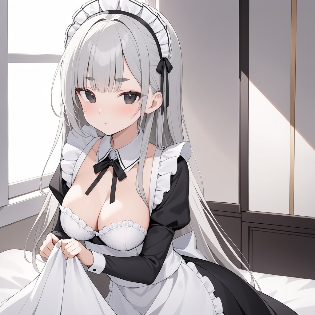 1gril\(21-year-old woman with silver long hair, silky and straight, perfect face, thin eyebrows, black eyes,D CUP,\),
Wearing a luxurious maid outfit,