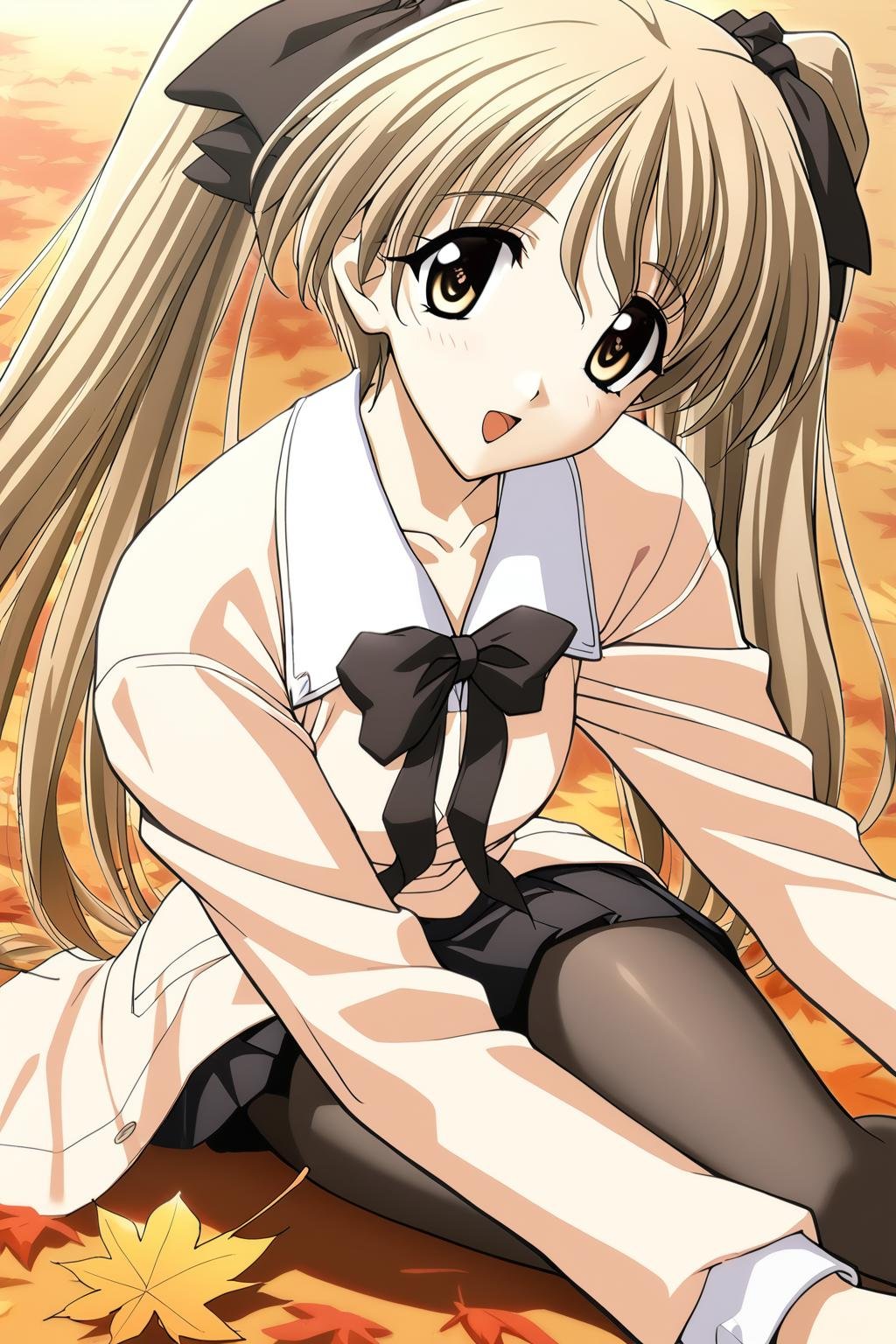 1girl,Ibuki Minamo,peach jacket,black skirt,black bowtie,black hair ribbon,white collar,black pantyhose,masterpiece,best quality,solo,game cg,(detailed beautiful eyes:1.2),(beautiful face:1.2),<lora:IbukiMinamoXL:1>,sitting,outdoors,looking at viewer,:d,tree,autumn,grass,autumn leaves,falling leaves,