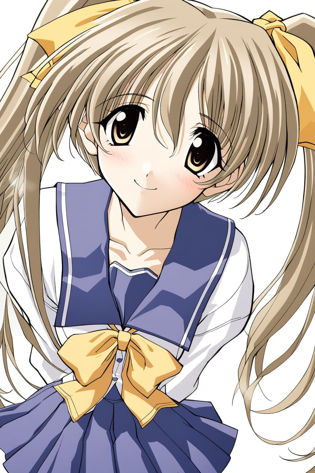 1girl,Ibuki Minamo,sumisora uniform, sailor collar with a white stripe, blue cuff with a white stripe, yellow bow, blue pleated skirt, yellow hair ribbon,masterpiece,best quality,solo,game cg,(detailed beautiful eyes:1.2),(beautiful face:1.2),<lora:IbukiMinamoXL:1>,blush,simple background,white background,smile,