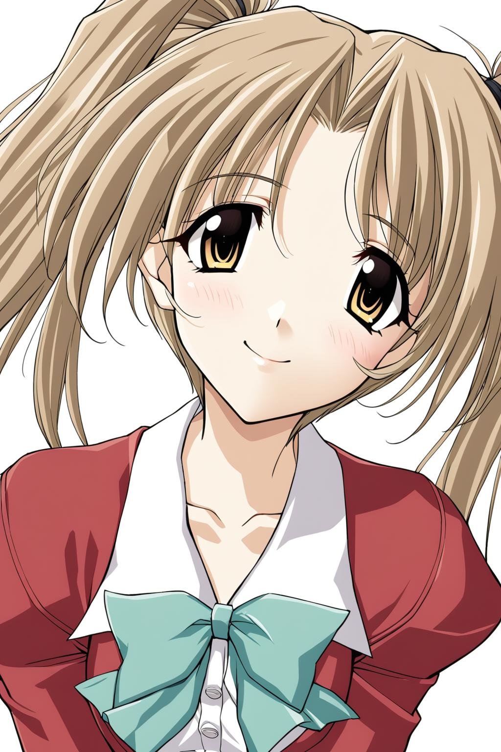 1girl,Ibuki Minamo,red dress,short twintails,green bowtie,masterpiece,best quality,solo,game cg,(detailed beautiful eyes:1.2),(beautiful face:1.2),<lora:IbukiMinamoXL:1>,blush,simple background,white background,smile