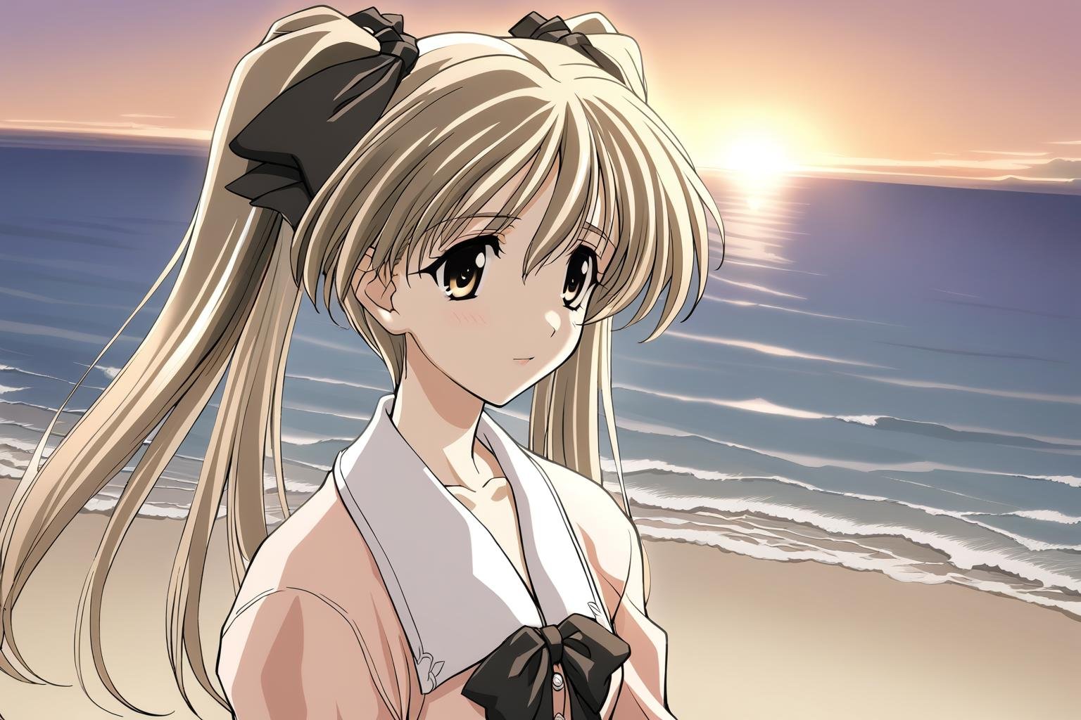 1girl,Ibuki Minamo,peach jacket,black bow,black hair ribbon,white collar,masterpiece,best quality,solo,game cg,(detailed beautiful eyes:1.2),(beautiful face:1.2),<lora:IbukiMinamoXL:1>,sunset,secluded beach,sand,ocean,sky,(warm:1.2),(peaceful:1.1),twilight,waves,shore,looking away,