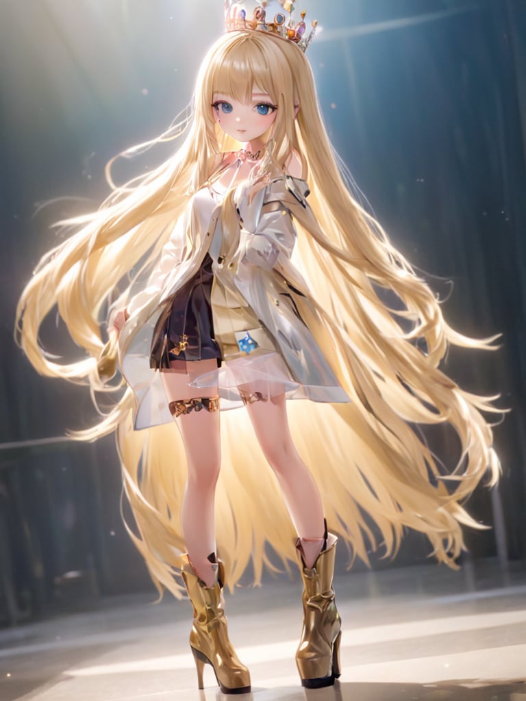 photograph, absurdres, highres, ultra detailed,1girl, blond hair, long hair, straight hair, french hair, parted bangs bangs, serafuku tiara high heel boots, 