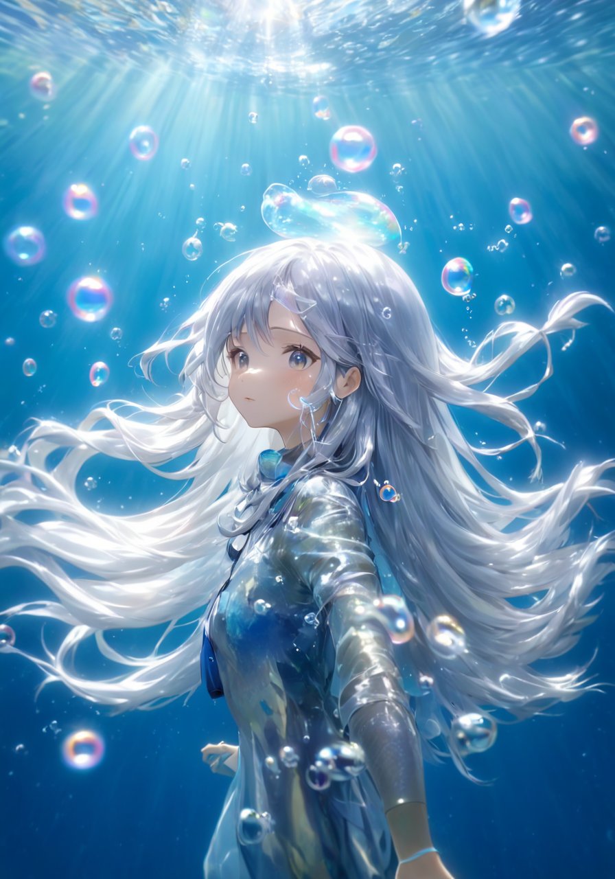 photograph, absurdres, highres, ultra detailed,very long silver hair, bubble, air_bubble, underwater, fish, submerged, solo, water,(Impressionism:1.4),looking afar