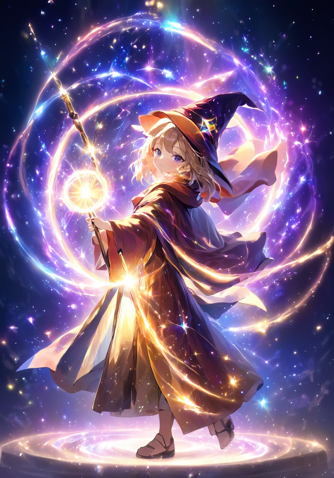 highres,best quality,anime, 1girl, solo, wizard hat, robe, holding staff, on magic circle, sparkles, light particles, crystal, prism, glowing light