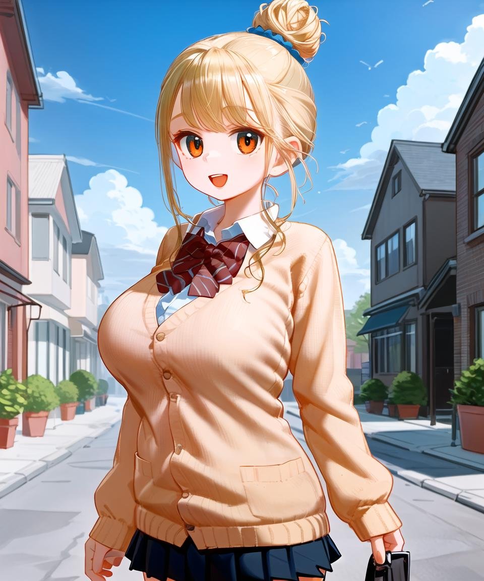 masterpiece, best quality, 1girl, <lora:DangoChan768V5:0.7>, dangochan, blonde hair, single hair bun, hair scrunchie, orange eyes, large breasts, school uniform, bowtie, brown cardigan, collared shirt. black skirt, cowboy shot, looking at viewer, :d, street, sky, clouds