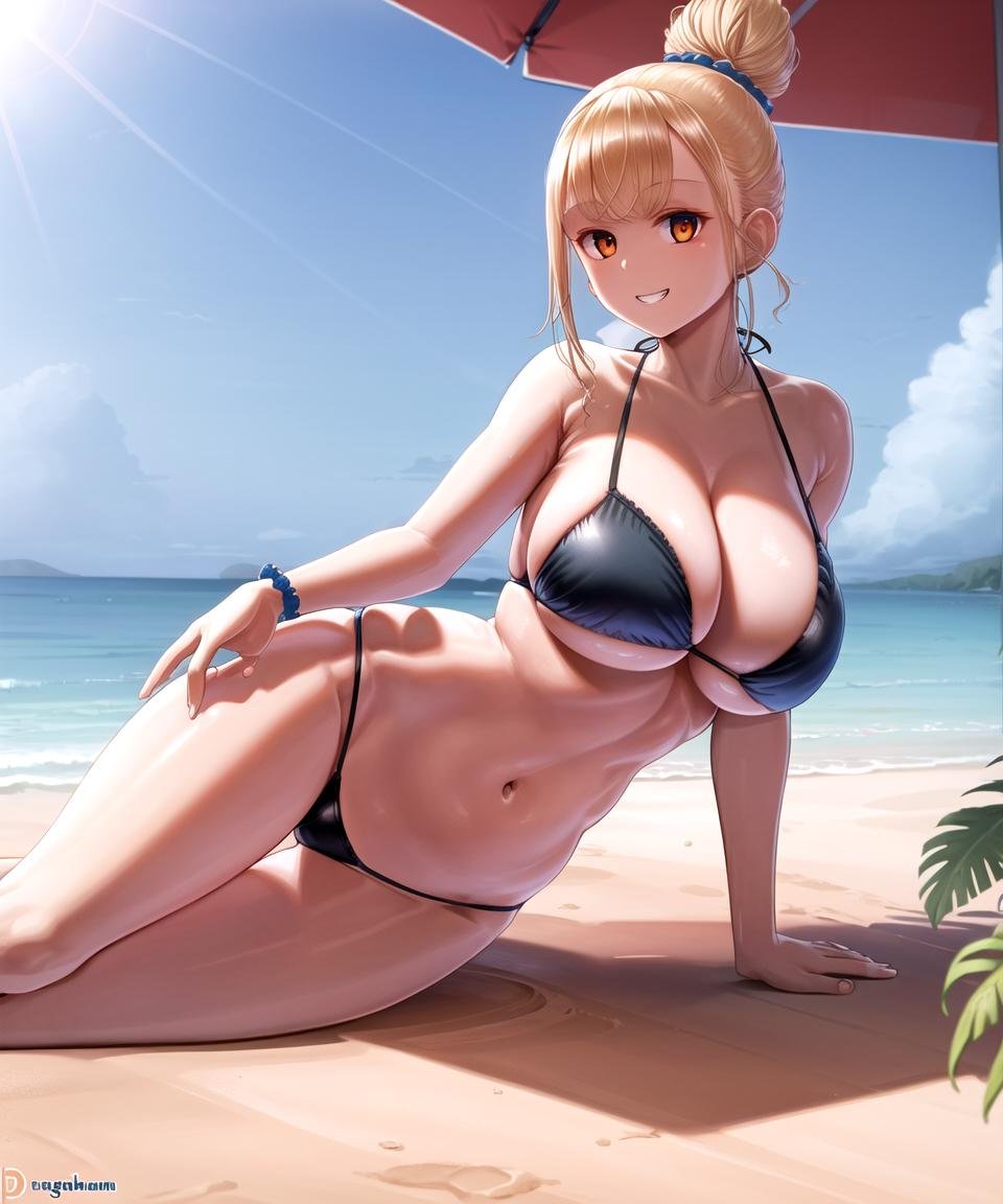 masterpiece, best quality, 1girl, <lora:DangoChan768V5:0.8>, dangochan, blonde hair, single hair bun, hair scrunchie, orange eyes, grin, black bikini, huge breasts, lying, on side, sand, beach, water, looking at viewer