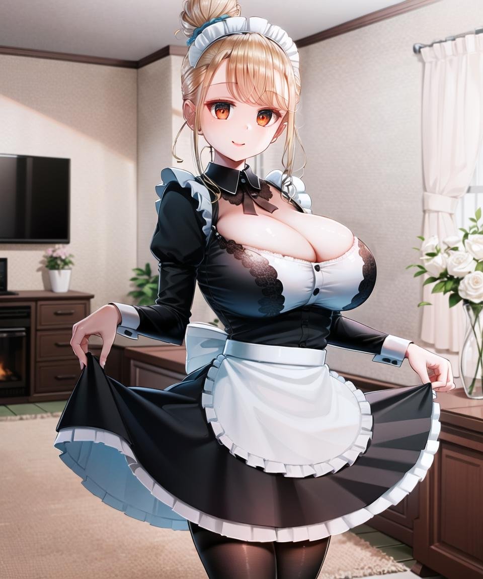 masterpiece, best quality, 1girl, <lora:DangoChan768V5:0.8>, dangochan, blonde hair, single hair bun, hair scrunchie, orange eyes, smile, huge breasts, maid, maid dress, maid apron, skirt hold, cowboy shot, indoors, livingroom