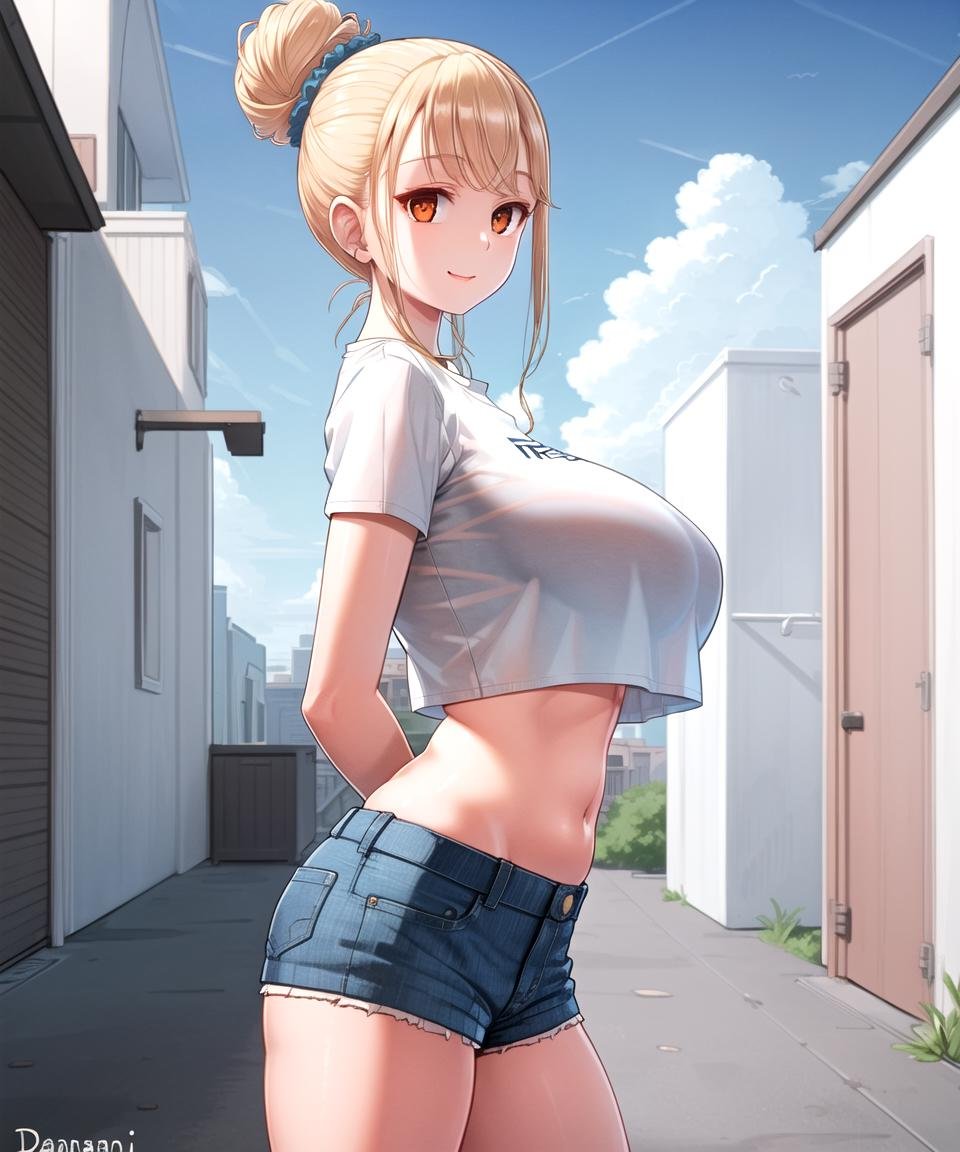 masterpiece, best quality, 1girl, <lora:DangoChan768V5:0.7>, dangochan, blonde hair, single hair bun, hair scrunchie, orange eyes, smile, crop top, white shirt, denim shorts, (arms behind back:1.3), huge breasts, cowboy shot, from side, looking at viewer, street, sky, clouds