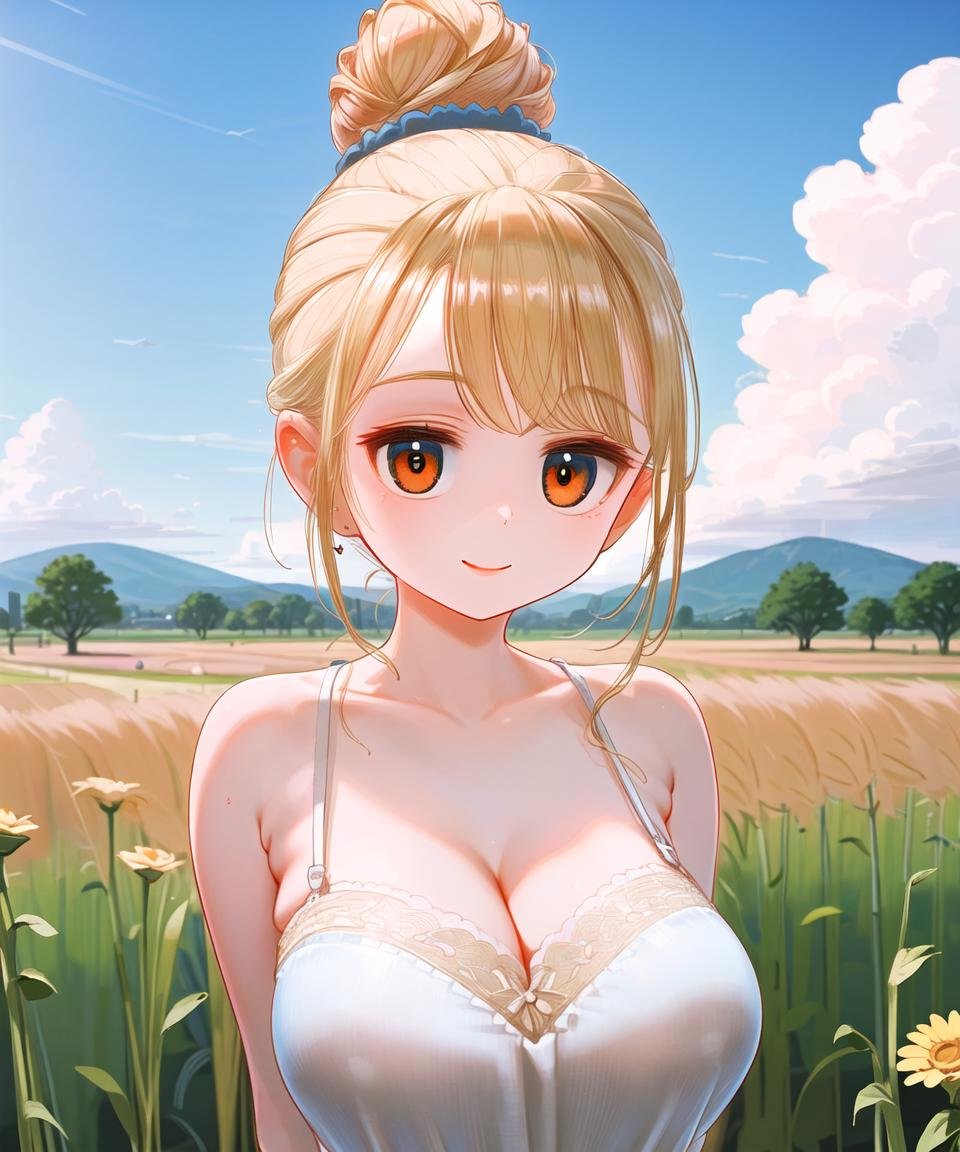 masterpiece, best quality, 1girl, <lora:DangoChan768V5:0.8>, featerlora, blonde hair, single hair bun, hair scrunchie, orange eyes, large breasts, white dress, smile, arms behind back, looking at viewer, field, sky, clouds, upper body