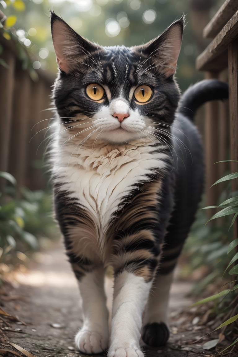 walking, looking at viewer, yellow eyes, blurry, no humans, blurry background, animal, cat, realistic, animal focus, whiskers, @imageized