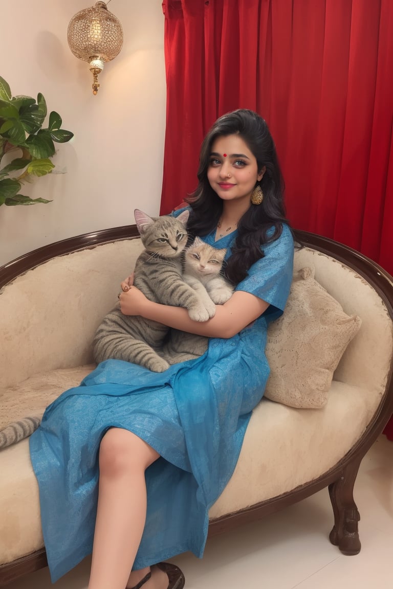 portrait of a girl name atika, full body in frame, round face, Indian bengali girl, Instagram influencer, black long hair, glossy juicy lips,blue eyes cute, kurti, 18-year-old girl, wearing casual clothes, on the couch at home, cuddling with super cute kitten, very innocent kitten in her hands