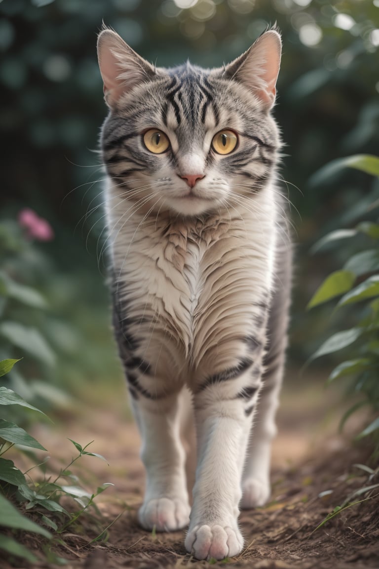 walking in garden, looking at viewer, yellow eyes, blurry, no humans, blurry background, animal, cat, realistic, animal focus, whiskers, @imageized