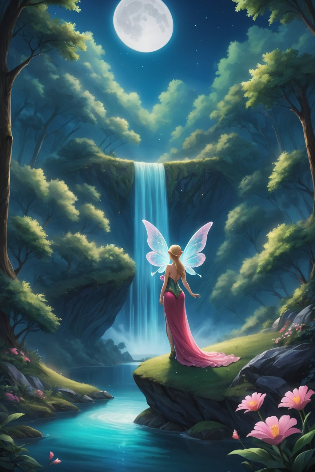 score_9, score_8_up, score_7_up, score_6_up, 
1 girl, beautiful elf girl, elf wings, Play the harp, Magic Forest, Night sky, moon, fireflies, waterfalls, magic elves, 
(Masterpiece, Best Quality, 8k:1.2), (Ultra-Detailed, Highres, Extremely Detailed, Absurdres, Incredibly Absurdres, Huge Filesize:1.1), (Photorealistic:1.3), By Futurevolab, Portrait, Ultra-Realistic Illustration, Digital Painting. ,Strong Backlit Particles,Butterfly Style