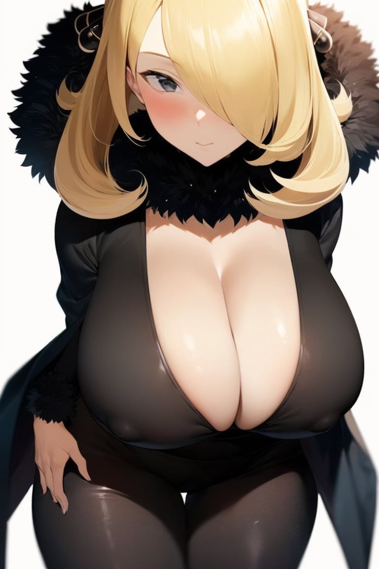 (masterpiece, best quality), 1girl, solo, looking at viewer,<lora:ikuchan_kaoru cynthia:1>, cynthia, blonde hair, hair ornament, bangs, hair over one eye, wavy hair, long hair, grey eyes, huge breasts,closed mouth,simple background, white background,fur trim, pants, coat, fur collar, black coat, black pants, cleavage    