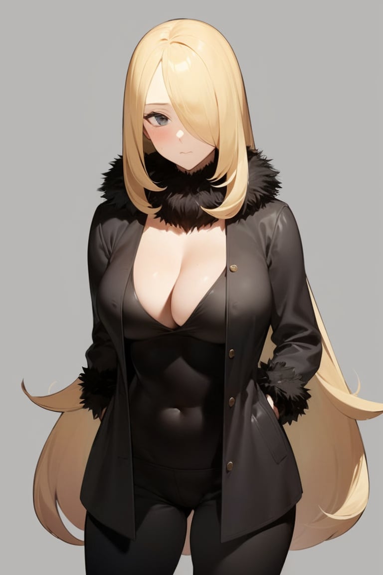 (masterpiece, best quality), 1girl, solo, looking at viewer,<lora:ikuchan_kaoru cynthia:0.8>, cynthia, blonde hair, hair ornament, bangs, hair over one eye, wavy hair, long hair, grey eyes, large breasts,closed mouth,simple background, white background, standing, straight-on, arms at sides,fur trim, pants, coat, fur collar, black coat, black pants, cleavage, black outfit    