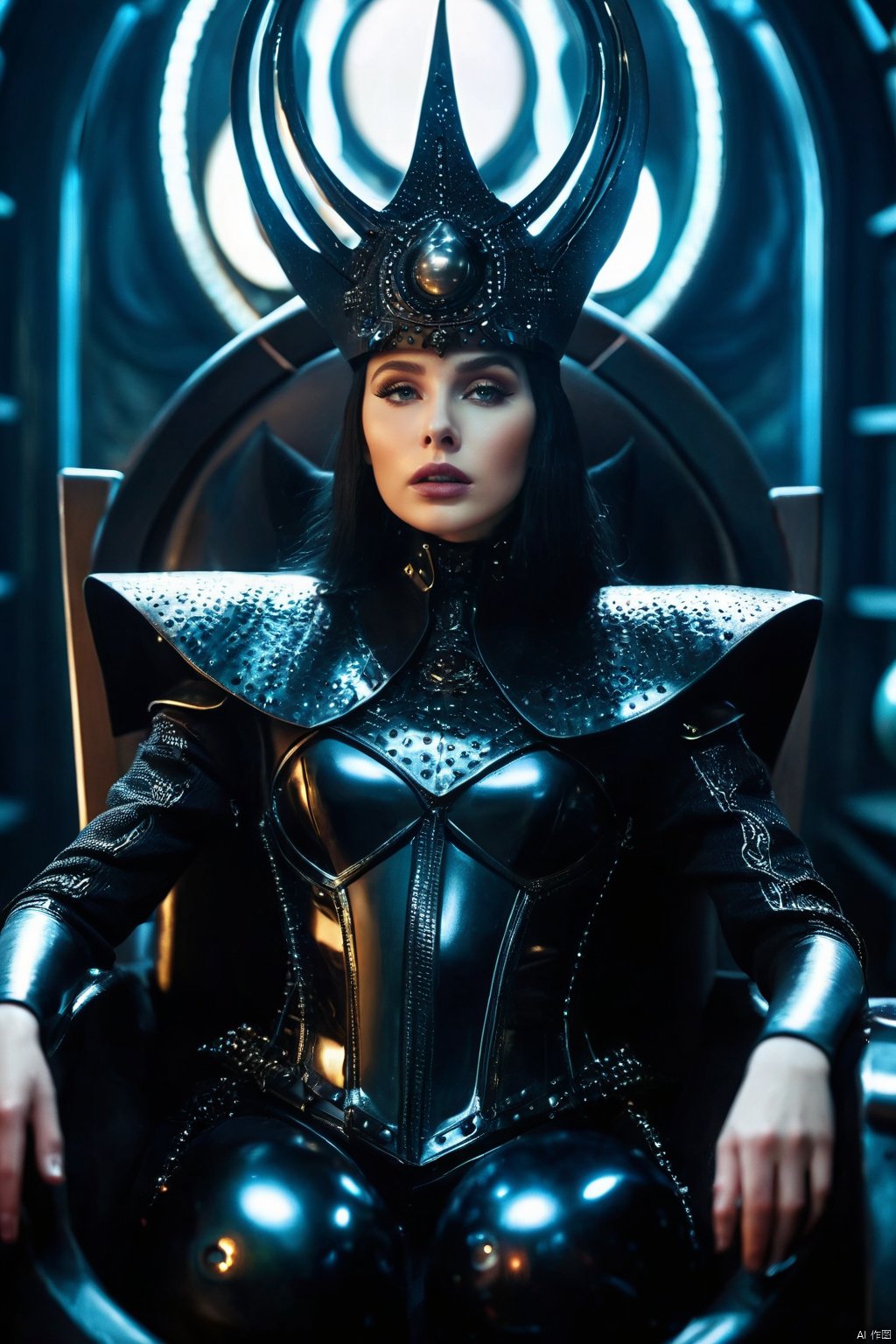 Cinematic film still of young galactic empress Zogrina sitting on her throne, avant-garde black shiny latex armor, eldritch hat, dark crystal spheres inlays, metal parts, indoors, inside a spaceship, ominous haunted expression, depth of field, exquisite dramatic lighting