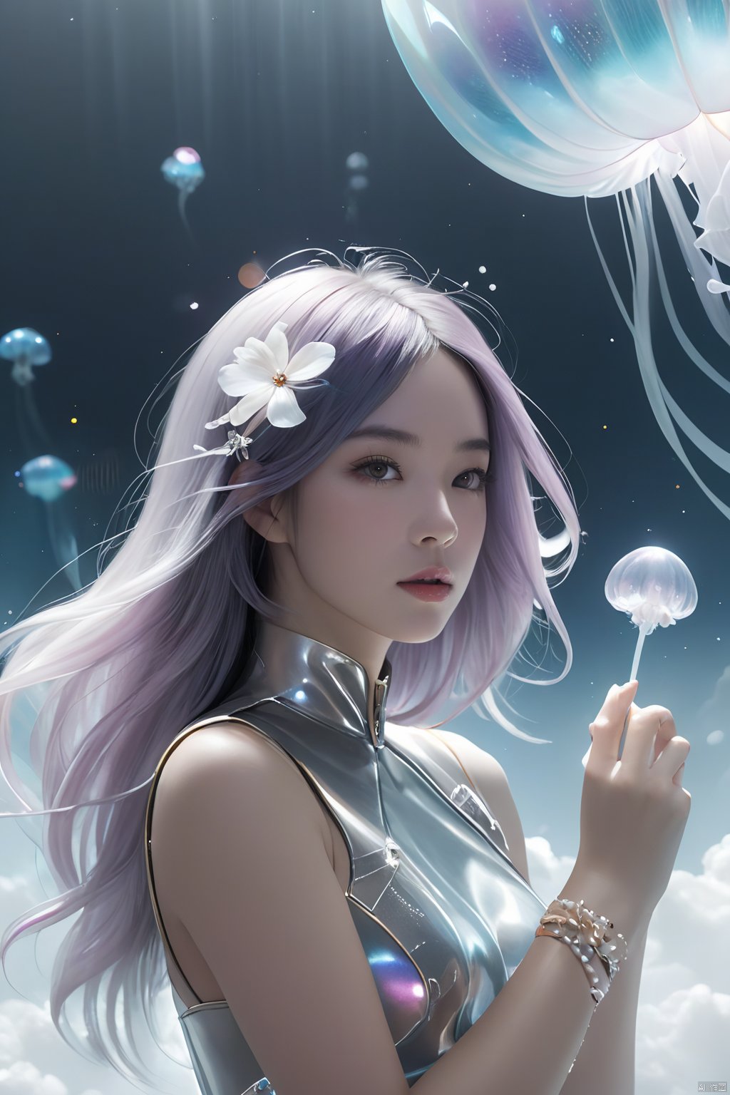  1girl,wearing Collectable Space Age Pearlescent Bracers, soft focus, Modern Art, （key light：1.2）,flower,jellyfish, Grayscale, glittering, runes,( Light streaks:1.3), （highly detailed：1.3）, 8K,jellyfishforest,,Fractal,smoke, cloud,Soaring through the clouds and mist, Colored hair,Colored smoke,moyou, Multidimensional diffraction paper, , glow, MAJICMIX STYLE