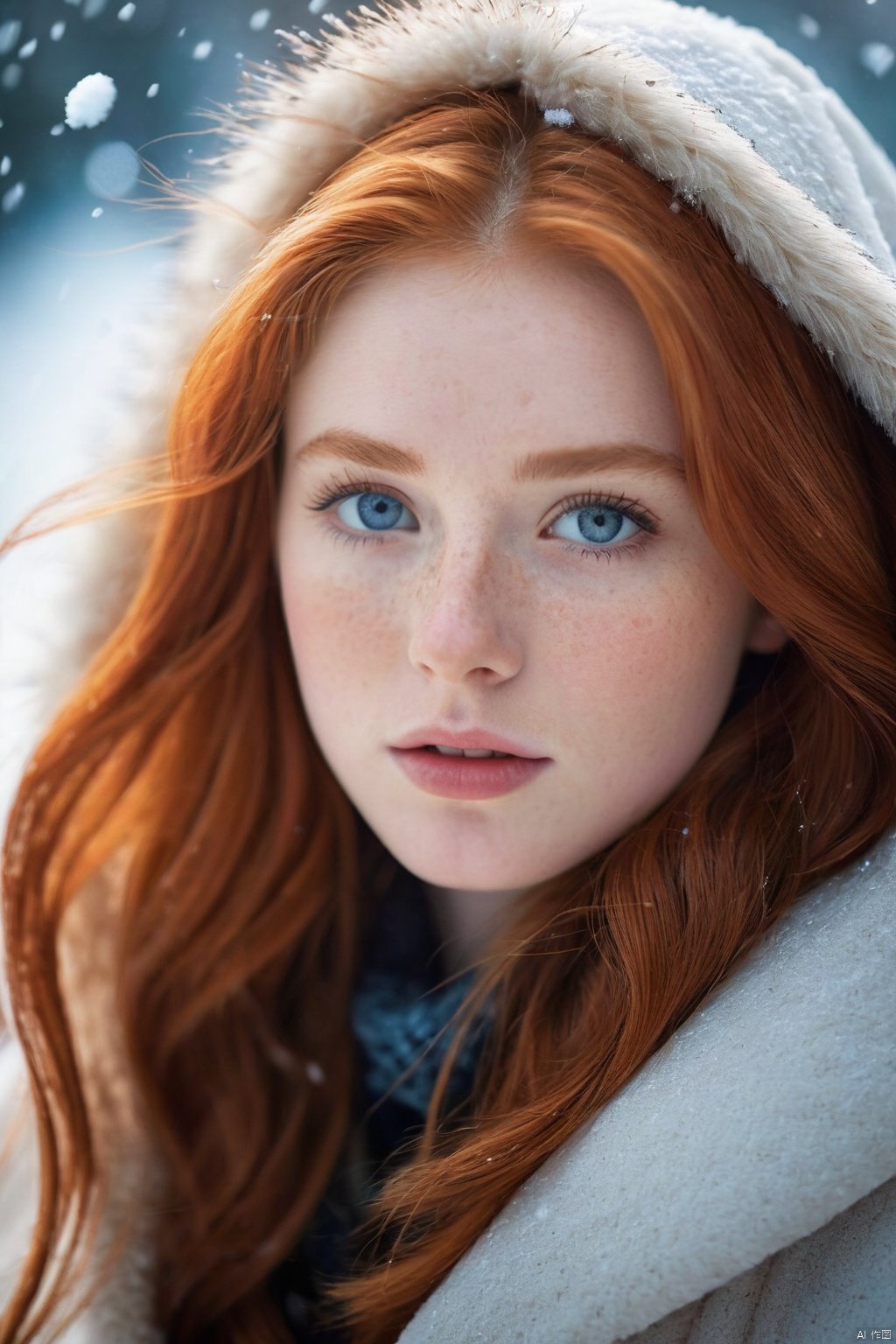 photograph of a cute adult girl, redhair, pale skin, freckles, blush, innocent, petite and youthful face, silver blue eyes, wearing a cloak, city christmas festival, snowfall, Porta 160 color, shot on ARRI ALEXA 65, bokeh, sharp focus on subject, shot by Don McCullin, nsfw, (natural skin texture, hyperrealism, soft light, sharp), (perfect round eyes:1.3), Capture the essence of her beauty, Enrich the composition with soft, diffused natural light that accentuates the textures and colors, creating a timeless and culturally rich image