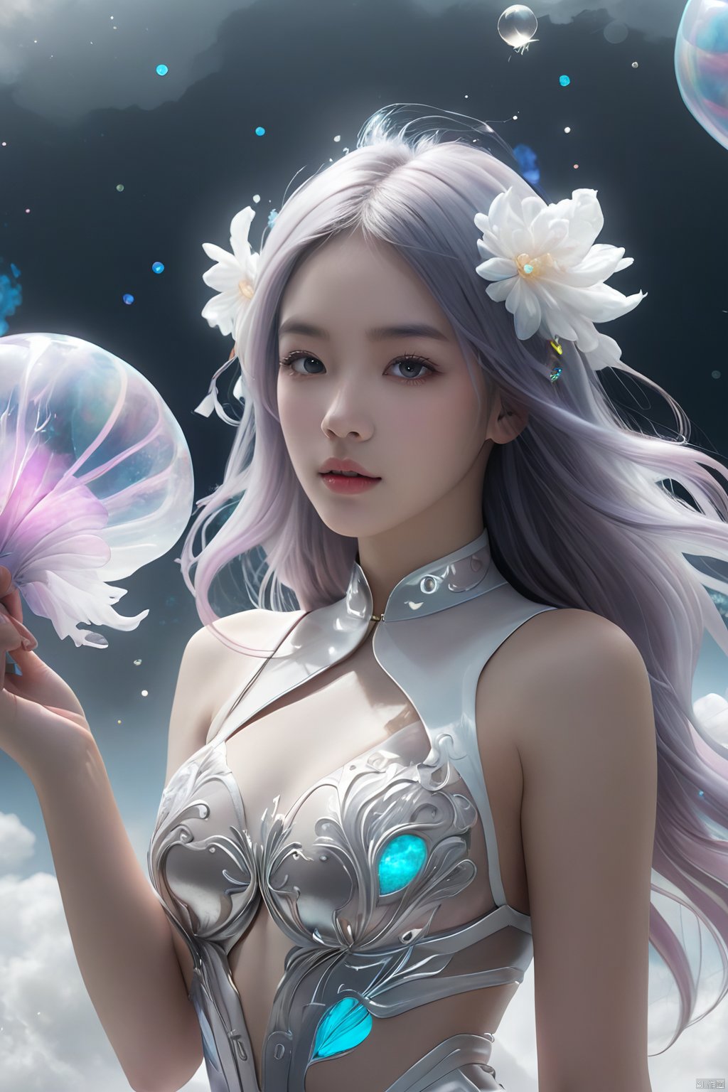  1girl,wearing Collectable Space Age Pearlescent Bracers, soft focus, Modern Art, （key light：1.2）,flower,jellyfish, Grayscale, glittering, runes,( Light streaks:1.3), （highly detailed：1.3）, 8K,jellyfishforest,,Fractal,smoke, cloud,Soaring through the clouds and mist, Colored hair,Colored smoke,moyou, Multidimensional diffraction paper, , glow, MAJICMIX STYLE