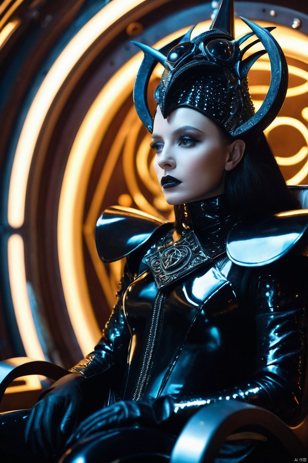 Cinematic film still of young galactic empress Zogrina sitting on her throne, avant-garde black shiny latex armor, eldritch hat, dark crystal spheres inlays, metal parts, indoors, inside a spaceship, ominous haunted expression, depth of field, exquisite dramatic lighting