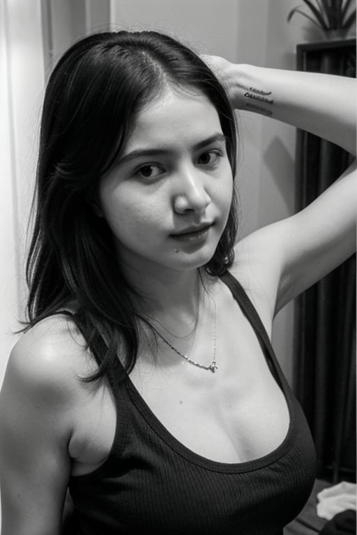 1girl, solo, looking at viewer, monochrome, upper body, greyscale, lips, tank top, realistic