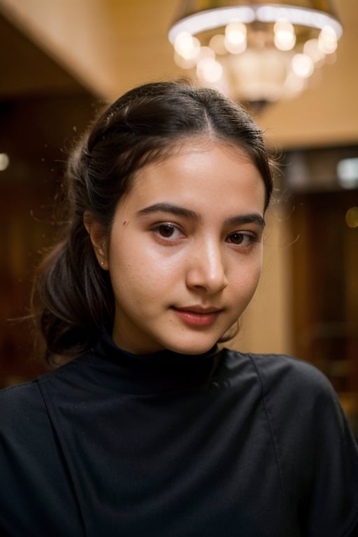 A detailed portrait of a young woman exuding elegance and natural grace. She has a voluminous updo hairstyle with wisps of hair tenderly framing her face. Her hazel eyes are accentuated by tasteful makeup, with a few light freckles across her nose and cheeks. She wears a high-necked black top, suggesting a blend of casual refinement. The lighting should illuminate her face against a subdued background, emphasizing her calm and confident expression. High Fashion, dynamic, dramatic, elegant, High fashion Vogue cover Dramatic photography, supermodel, avant garde style,naura_ayu,4manda,yasamin,gaby_rose,dilraba,yasmin,yoona,bul4n