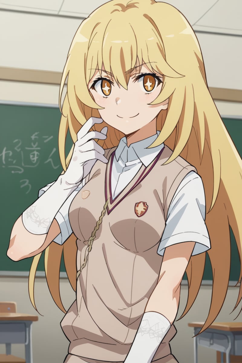 score_9, score_8_up, score_7_up, source_anime,misakishokuhou, <lora:misaki-shokuhou-s3-ponyxl-lora-nochekaiser:1>,misaki shokuhou, blonde hair, hair between eyes, long hair, symbol-shaped pupils, yellow eyes, smile,elbow gloves, gloves, school uniform, short sleeves, summer uniform, sweater vest, tokiwadai school uniform, white gloves, light brown sweater vest,indoors, classroom,looking at viewer, cowboy shot, dutch angle, dynamic pose,