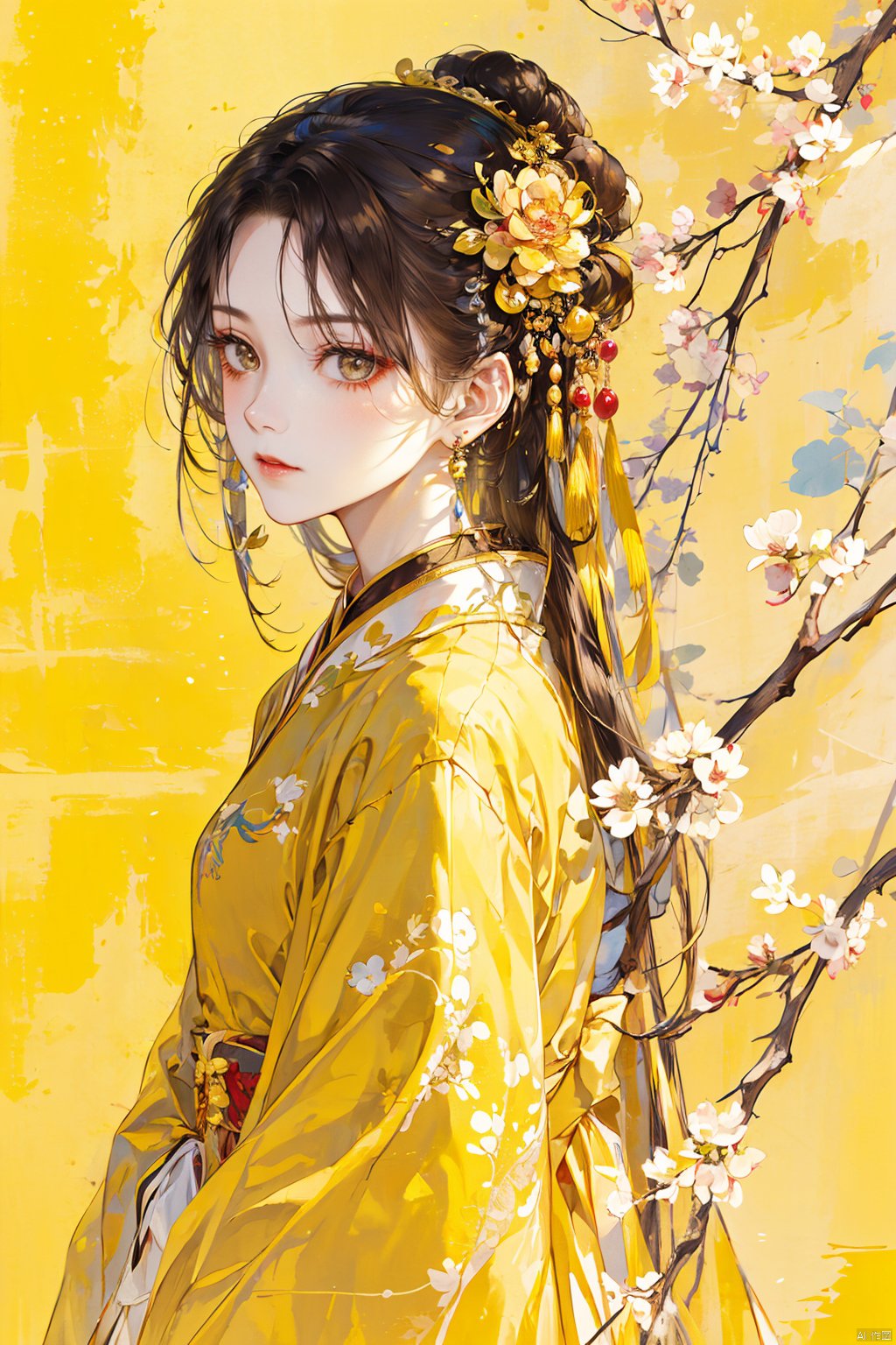 1girl, solo, long hair, looking at viewer, brown hair, black hair, hair ornament, long sleeves, ribbon, jewelry, closed mouth, upper body, flower, earrings, hair flower, from side, chinese clothes, yellow background, branch, yellow theme