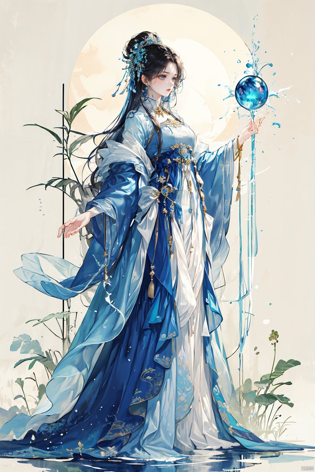 1girl, solo, long hair, black hair, hair ornament, dress, blue hair, standing, full body, water, blue dress, blue theme, long dress, magic, hydrokinesis