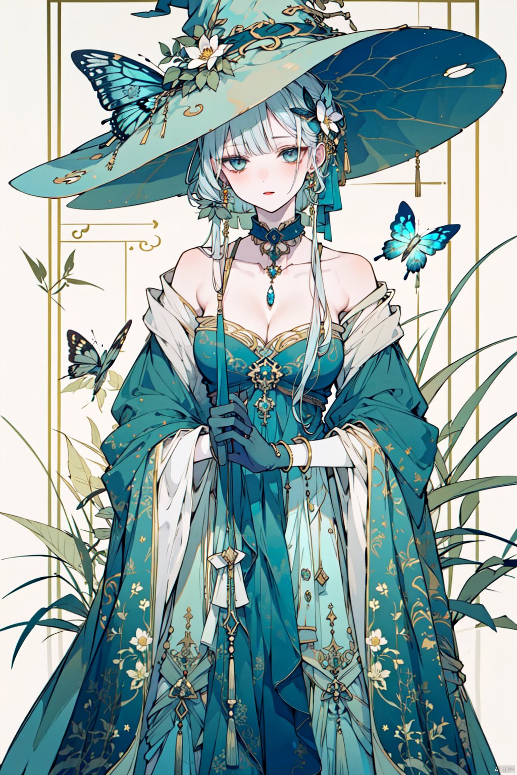  1girl, blue_eyes, dress, gloves, butterfly, bug, hat, solo, long_hair, witch_hat, breasts, blue_dress, blue_butterfly, white_hair, looking_at_viewer, cleavage, jewelry, necklace, black_gloves, holding, blue_headwear, bangs, medium_breasts, witch, flower, choker, lantern, guoflinke