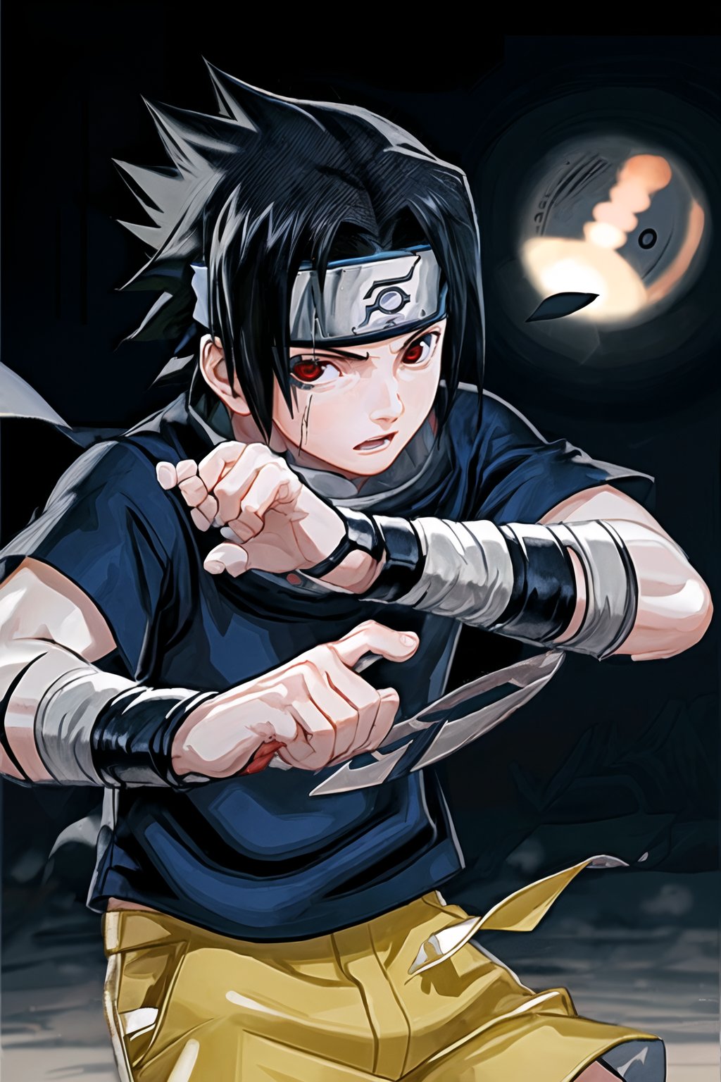 1kid, cinematic film still (best quality, masterpiece:1.2), photorealistic, ultra high res, front lighting, intricate detail, Exquisite details and textures, s4suk3, 1boy,spiked hair, (forehead protector), (headband), weapon, short sleeves, sword, ninja, high collar, (konohagakure symbol), short hair, sheathed, holding, japanese clothes, looking at viewer, detailed face, professional lighting, photon mapping, radiosity, physically-based rendering, . shallow depth of field, vignette, highly detailed, high budget, bokeh, cinemascope,  epic, gorgeous, film grain, grainy, Sasuke, Genin, long hair, beatiful boy, red eyes, with a big star shuriken,uchiha sasuke,Sasukeanime, jumping throwing a punch