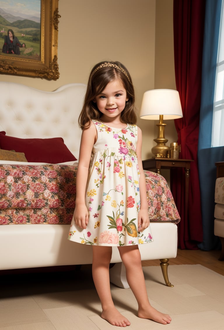 style by william morris art, classic living room, dolce & gabbana little girl 8 year-old caucacian white skin ((looking at viewer)) full body (high quality, very_high_resolution), vintage, floral pattern, vintage bed, chair, walls, carpets, door, window, nightstand, lamp, William Morris Art,Dolce & Gabbana