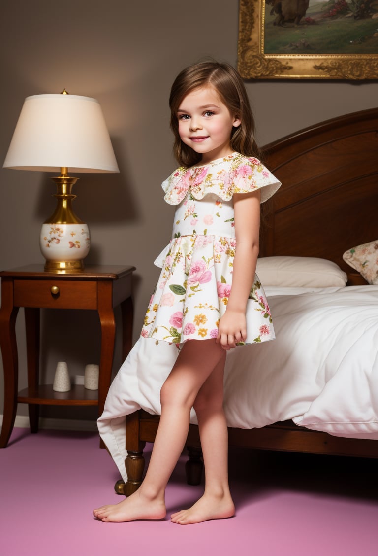 style by william morris art, classic living room, dolce & gabbana little girl 8 year-old caucacian white skin ((looking at viewer)) full body (high quality, very_high_resolution), vintage, floral pattern, vintage bed, chair, walls, carpets, door, window, nightstand, lamp, William Morris Art,Dolce & Gabbana