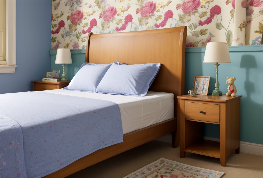 style by william morris art, little girl standing in children's classic bedroom, (high quality, very_high_resolution), floral pattern, vintage, floral pattern, vintage bed, chair, walls, carpets, door, window, nightstand, lamp, alarm clock, teddy, pillow, sheets, bedspread, glass of water,William Morris Art