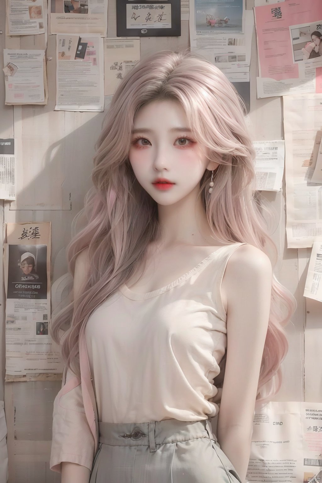  1girl, solo, long hair, looking at viewer,shirt, sleeveless, standing, pink shirt, pink hair, newspaper wall, lips, wall, gray wall, newspaper are covered with walls, Hide hands behind back, body close to the wall, grey eyes, red lips, mjuanlian, (/qingning/), (\ji jian\), (/qingning/), (\shuang hua\), (\xing he\), jiqing, (\MBTI\), (\meng ze\)