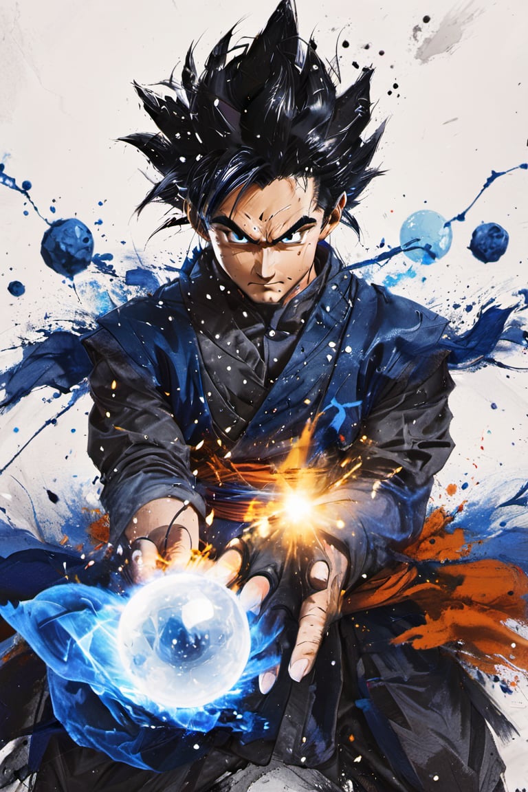 super saiyan, 1boy, solo, jewelry, earrings, son goku, male focus, gloves, blue hair, white gloves, looking at viewer, energy ball, blue eyes, spiked hair, smile, white background, simple background, ink, ink smoke,