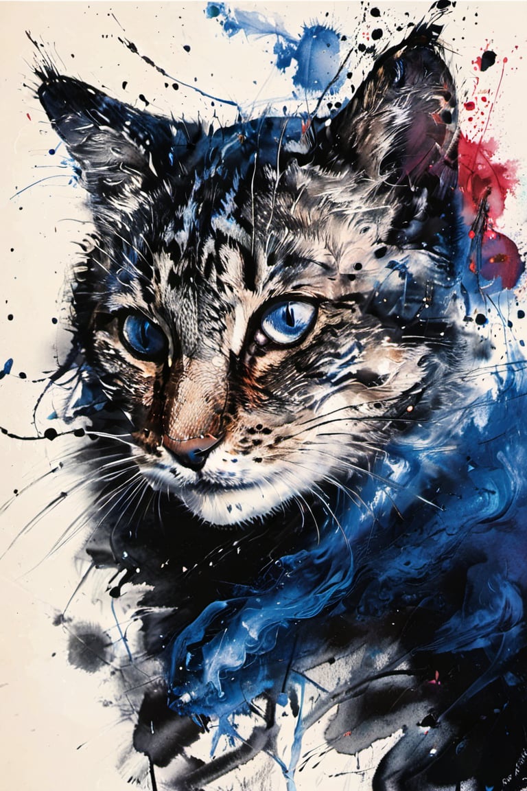 (masterpiece,best quality,realistic,), cat, no humans, solo, colorful paint splatter, blue eyes, colorful ink wash painting, animal focus, colorful theme, colorful, looking at viewer,colorful background, ,ink, ink smoke,