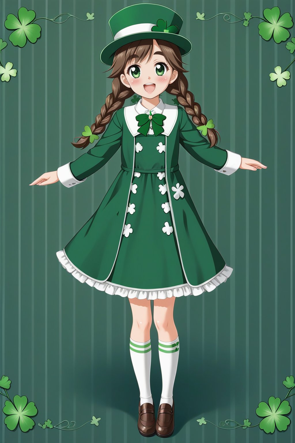 St. Patrick's Day, celts, Clover, formal hat, 1girl, green_eyes, hat, open_mouth, smile, long_hair, flower, standing, :d, holding, striped, long_sleeves, black_hair, full_body, solo, white_legwear, socks, leaf, striped_background, shoes, brown_footwear, blush, white_flower, twin_braids, vertical_stripes, looking_at_viewer, green_headwear, thick_eyebrows, dress, coat, braid, green_footwear, shirt, very_long_hair,Butterfly Style,Lucky Clover