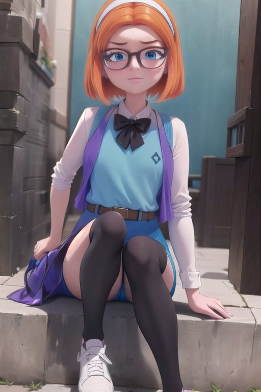 Miraculous,Sabrina Roinconprix, 1girl, female_solo, medium height, with short orange hair, cyan eyes, white headband, glasses with brown and gray edges, white long-sleeved shirt under a purple, violet and blue vest in a diamond design, along with a dark gray bow on the neck of his shirt, blue shorts, a brown belt, black leggings and white shoes with black soles.