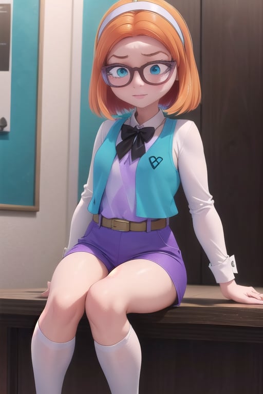 Miraculous,Sabrina Roinconprix, 1girl, female_solo, medium height, with short orange hair, cyan eyes, white headband, glasses with brown and gray edges, white long-sleeved shirt under a purple, violet and blue vest in a diamond design, along with a dark gray bow on the neck of his shirt, blue shorts, a brown belt, black leggings and white shoes with black soles.