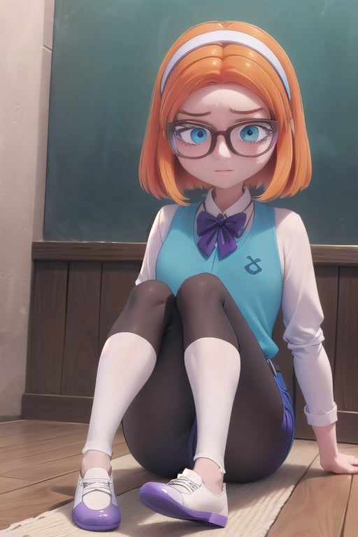 Miraculous,Sabrina Roinconprix, 1girl, female_solo, medium height, with short orange hair, cyan eyes, white headband, glasses with brown and gray edges, white long-sleeved shirt under a purple, violet and blue vest in a diamond design, along with a dark gray bow on the neck of his shirt, blue shorts, a brown belt, black leggings and white shoes with black soles.