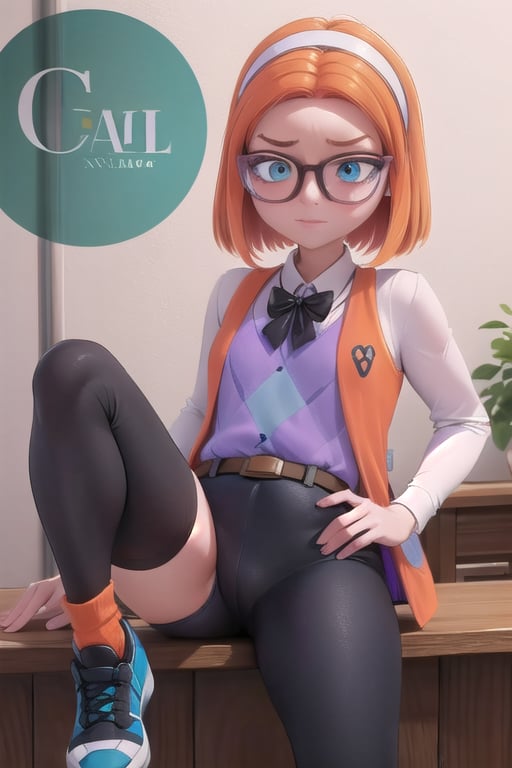 Miraculous,Sabrina Roinconprix, 1girl, female_solo, medium height, with short orange hair, cyan eyes, white headband, glasses with brown and gray edges, white long-sleeved shirt under a purple, violet and blue vest in a diamond design, along with a dark gray bow on the neck of his shirt, blue shorts, a brown belt, black leggings and white shoes with black soles.