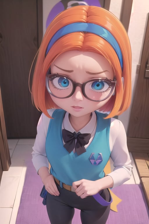 Miraculous,Sabrina Roinconprix, 1girl, female_solo, medium height, with short orange hair, cyan eyes, white headband, glasses with brown and gray edges, white long-sleeved shirt under a purple, violet and blue vest in a diamond design, along with a dark gray bow on the neck of his shirt, blue shorts, a brown belt, black leggings and white shoes with black soles.