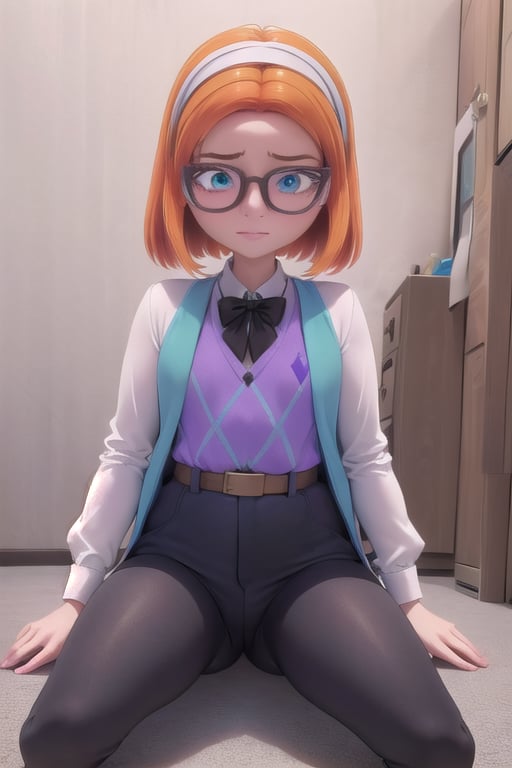 Miraculous,Sabrina Roinconprix, 1girl, female_solo, medium height, with short orange hair, cyan eyes, white headband, glasses with brown and gray edges, white long-sleeved shirt under a purple, violet and blue vest in a diamond design, along with a dark gray bow on the neck of his shirt, blue shorts, a brown belt, black leggings and white shoes with black soles.