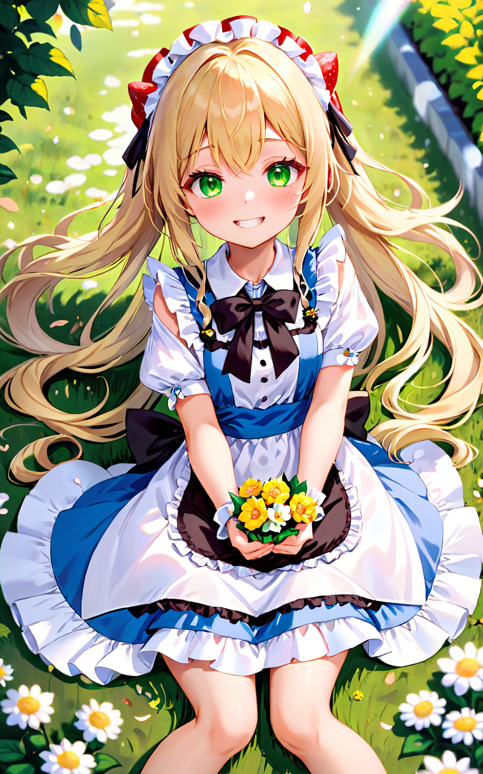 highres,best quality, 1girl, :d, ahoge, apron, back bow, barefoot, black ribbon, blonde hair, blurry, blurry background, blush, bow, braid, brown footwear, closed mouth, cloud, cloudy sky, collared dress, day, depth of field, dress, eyes visible through hair, falling petals, fang, eyelashes, floating hair, frilled dress, frills, from above, flower, frilled apron, frilled shirt collar, green eyes, hair between eyes, hair bow, hair ribbon, holding, holding flower, leaf, light blush, light particles, light rays, long hair, looking at viewer, lying, maid apron, maid day, on back, on stomach, outdoors, puffy sleeves, puffy short sleeves, red bow, ribbon, short sleeves, sidelocks, skin fang, smile, sleeveless, sleeveless dress, solo, strawberry, very long hair, white apron, white bow, white dress, white flower, white ribbon, yellow flower