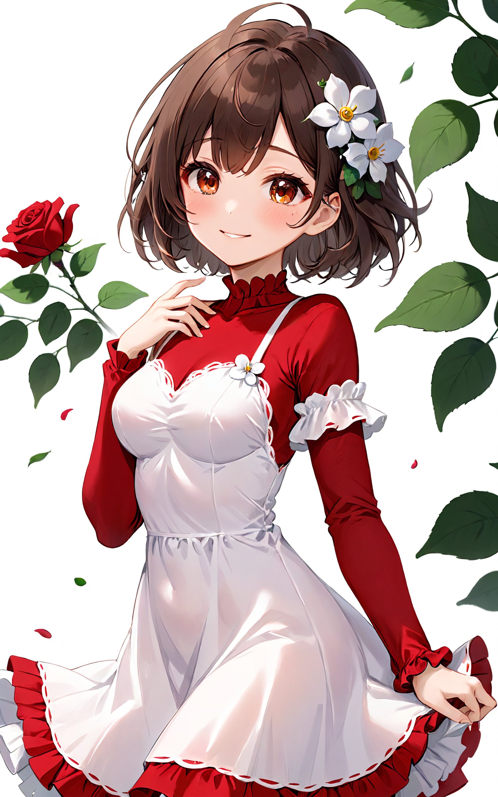 highres,best quality, +_+, 1girl, blush, bob cut, breasts, brown eyes, brown hair, closed mouth, collarbone, cowboy shot, day, dress, eyelashes, floating hair, flower, hair between eyes, hair flower, hair ornament, hand up, long hair, looking at viewer, looking to the side, medium breasts, petals, plant, rose, short dress, simple background, smile, solo, standing, white background, white dress, wrist scrunchie