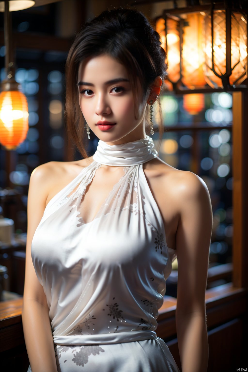 lj, 1girl, dress, solo, jewelry, white dress, blurry, looking at viewer, earrings, blurry background, brown hair, brown eyes, realistic, bare shoulders, lips, lantern, breasts, sleeveless, halterneck, sleeveless dress, black hair, ring, short hair,moyou